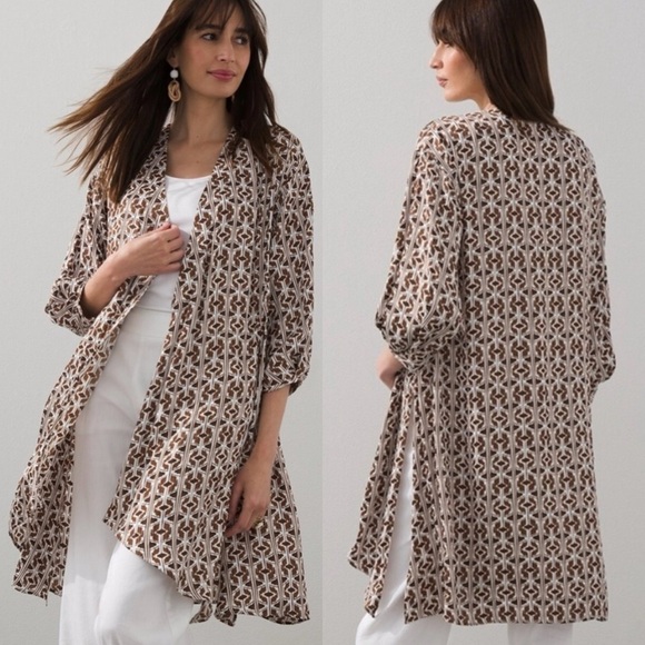 Chico's Tops - Chicos Tie-Front Drama Kimono duster satin lightweight fabric brown white S/M
